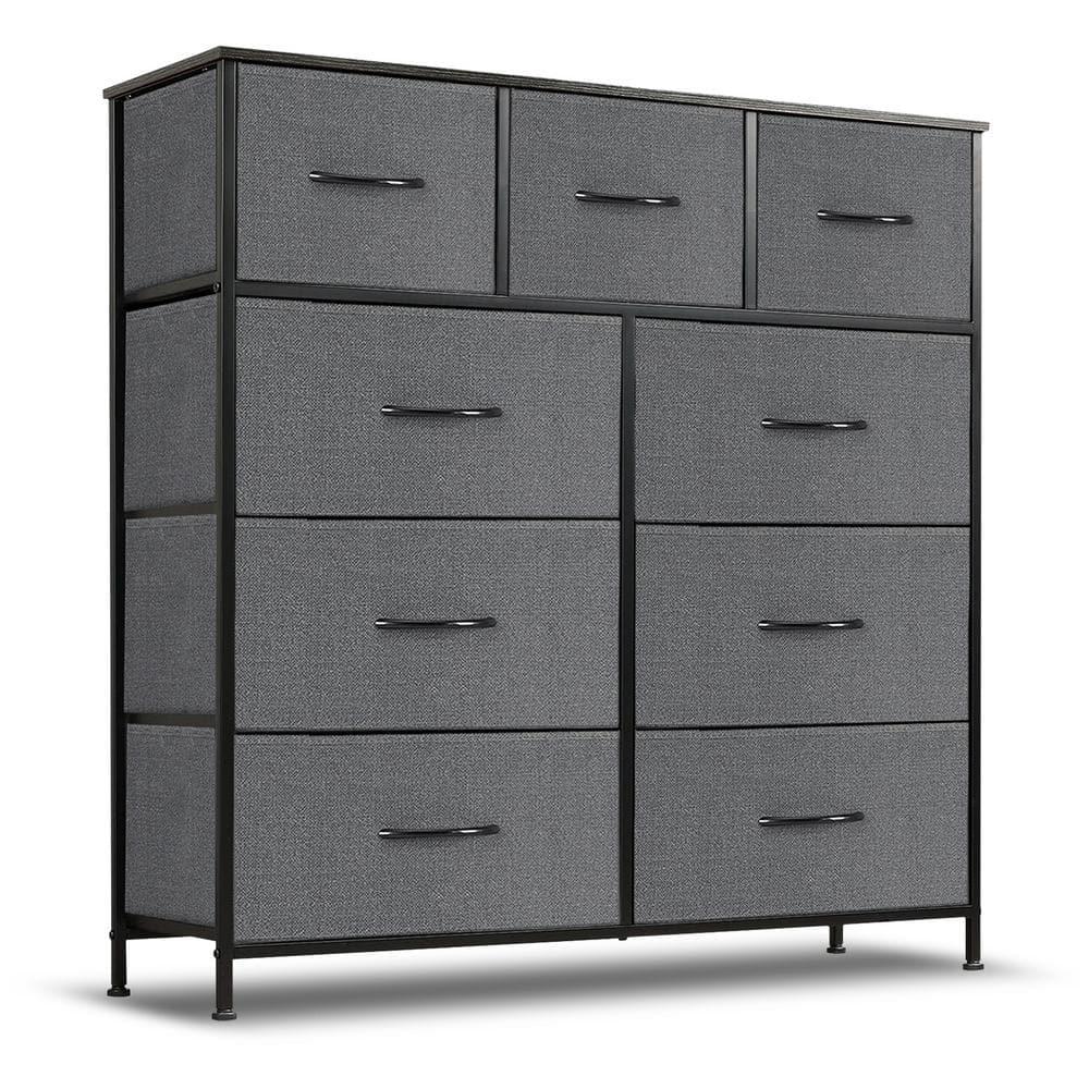 9 Drawer Dresser, Wide Chest Of Drawers Nightstand Storage Tower Storage Dresser Fabric Dresser With Wood Top, Metal Frame, Gray