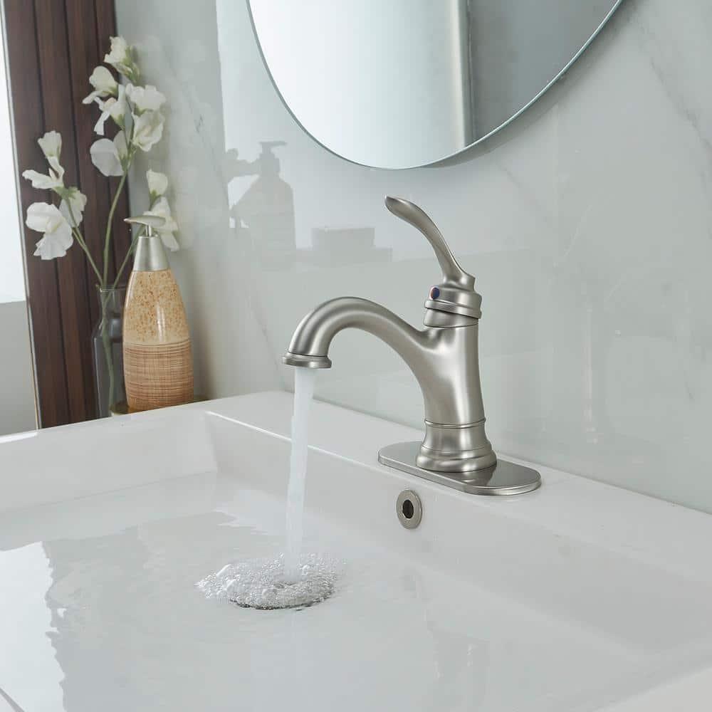 BWE Brushed Nickel Bathroom Faucet 1 Hole Single Handle Bathroom Sink Faucet with Brass Pop Up Drain and Supply Line High Arc Bath Vanity Faucet for Lavatory Mix Tap
