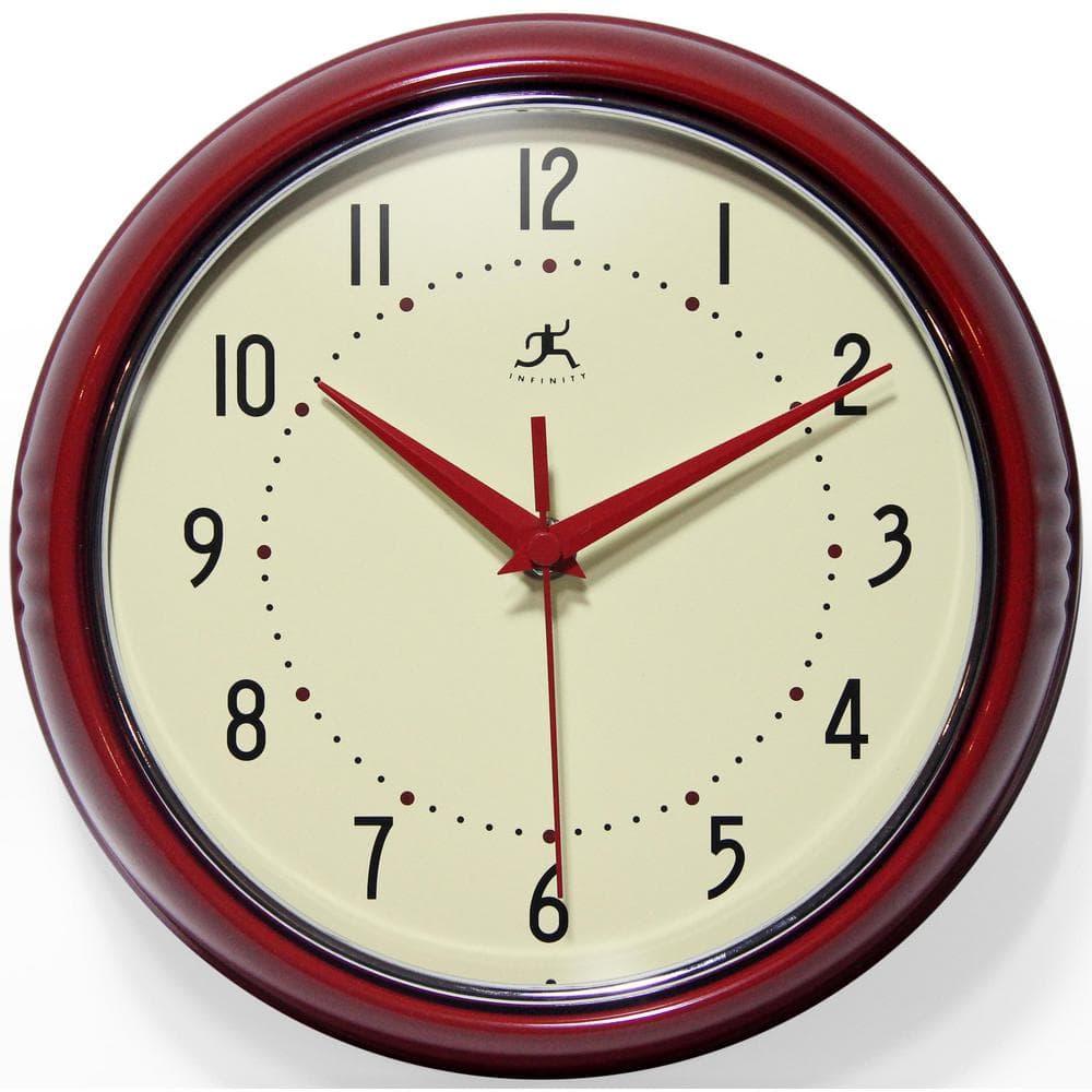 9.5" Retro Metal Wall Clock Red - Infinity Instruments: Indoor Modern Decor, Off-White Face, Round Shape