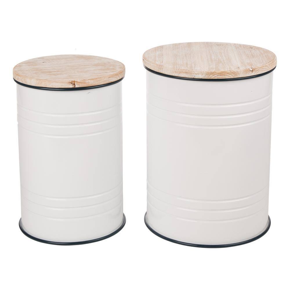 White Metal and Wood Farmhouse Storage Accent Stools, Set of 2