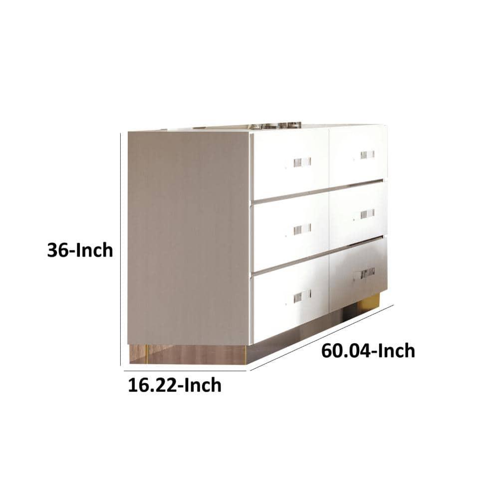 White and Chrome 60" Modern Wide 6-Drawer Dresser