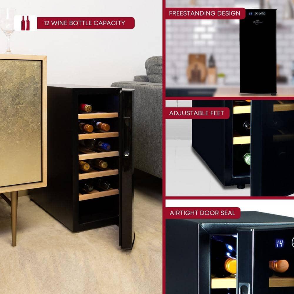 Koolatron Wine Cooler Refrigerator 12 Bottle Deluxe Countertop Compact Wine Cellar, Small Freestanding: Black Glass Door, Thermoelectric, 6 Shelves
