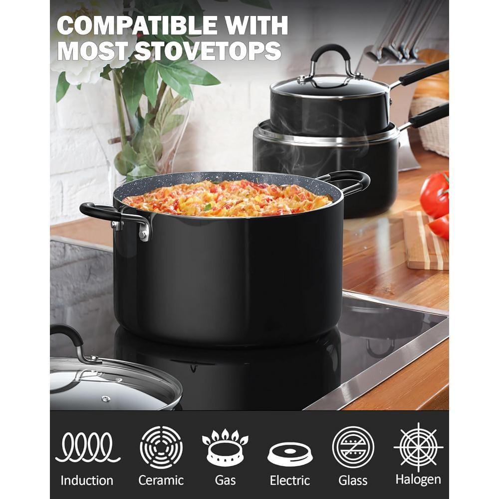 Cook N Home 6-Quart Nonstick Stockpot with Lid, Professional Granite Stock Pot Non Stick Soup Gumbo Pasta Cooking Pot with Silicone Handle, Heavy Gauge Aluminum Induction Cookware, Marble