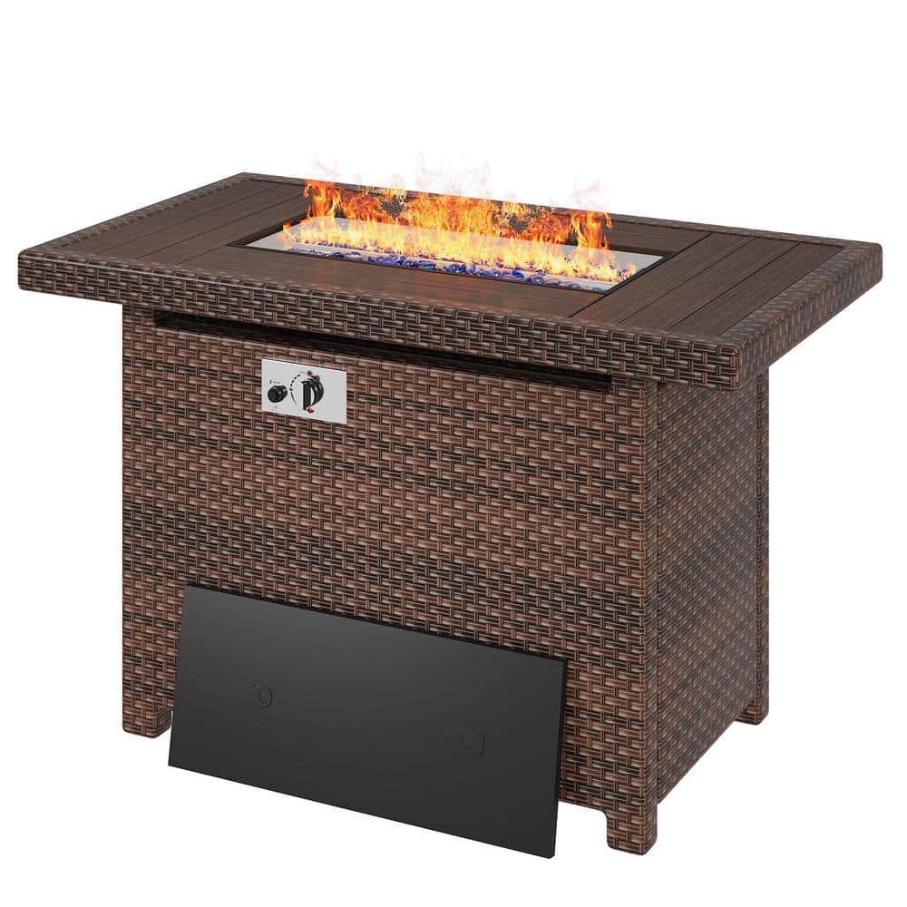 Gyutei44-in Rectangle 50,000 BTU PE Rattan Propane Fire Pit Table with Lid, Non-Glass Wind Cover