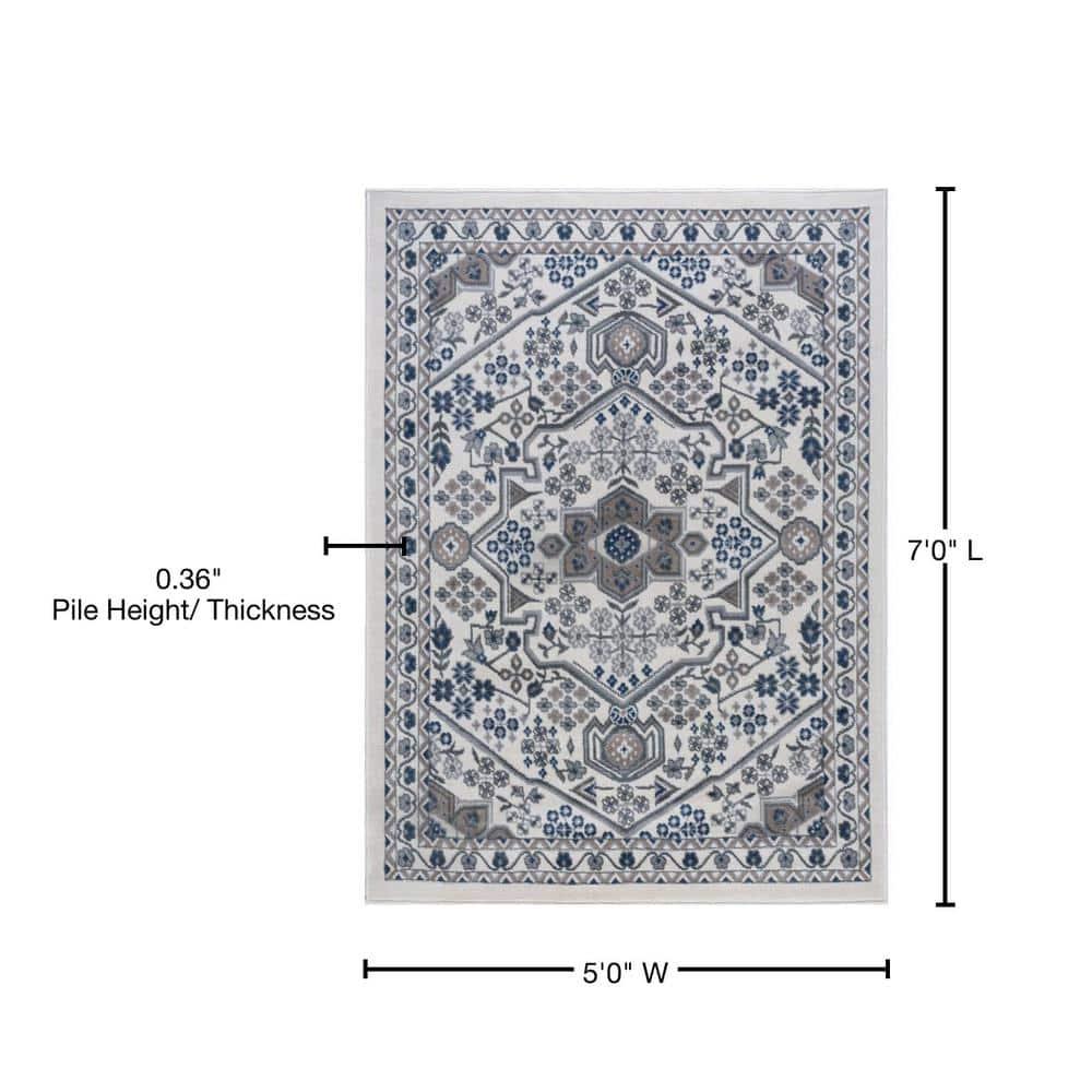 Tayse Hampton Area Rug HMP4017 Traditional Cream Petals Scrolls 5' x 7' Rectangle