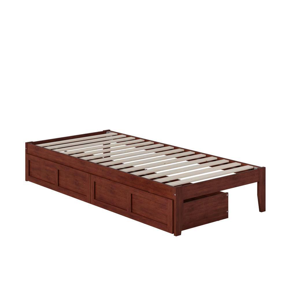Symmetrical Twin XL Walnut Bed with USB Charger and Storage Drawers