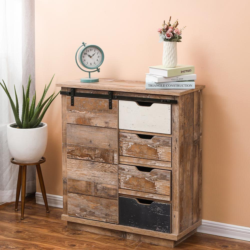 LuxenHome Rustic Wood 4-Drawer 1-Sliding Door Storage Cabinet Brown, White, Gray