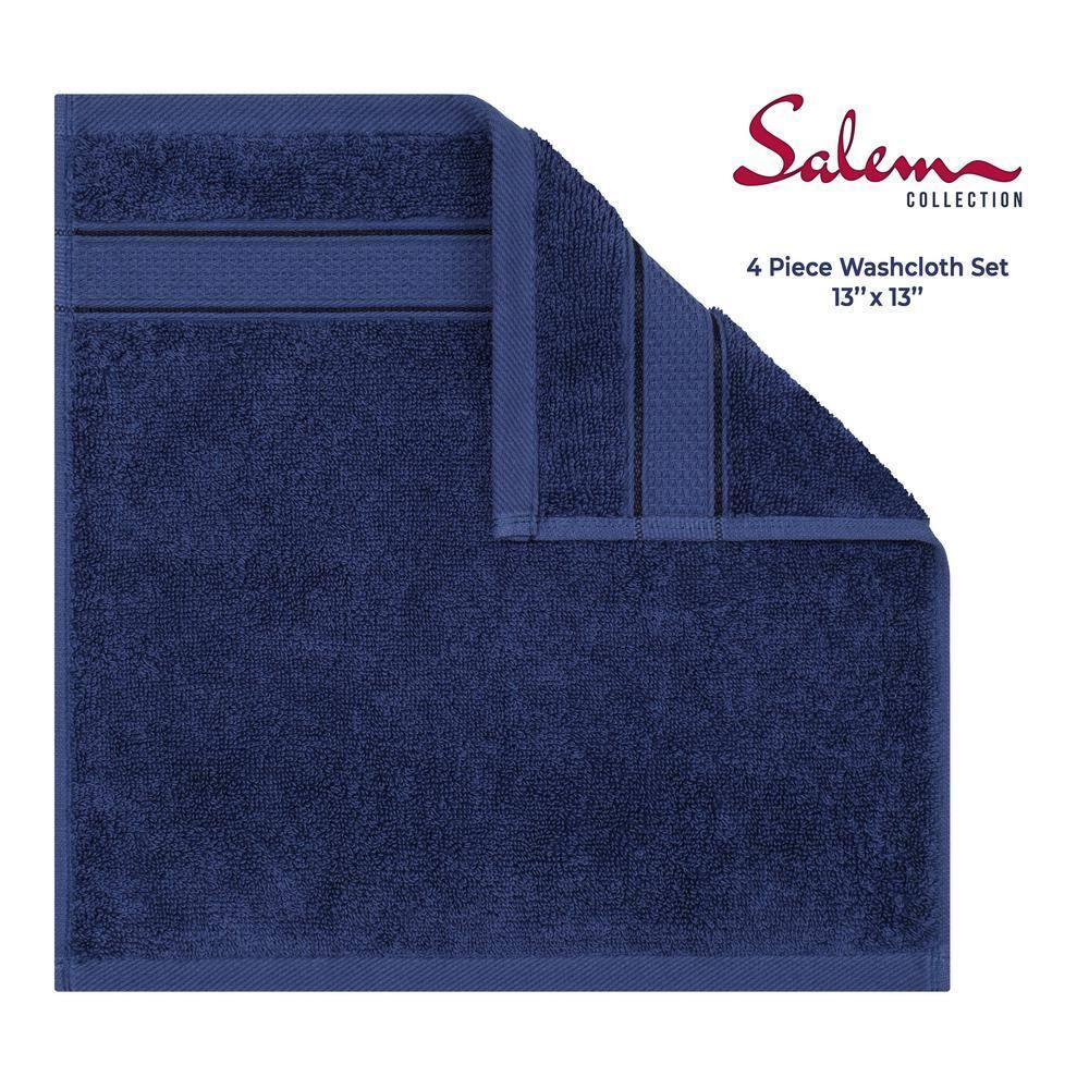 American Soft Linen Salem 4 Pack Washcloth Set, 100% Cotton Washcloth Hand Face Towels for Bathroom and Kitchen, Navy Blue