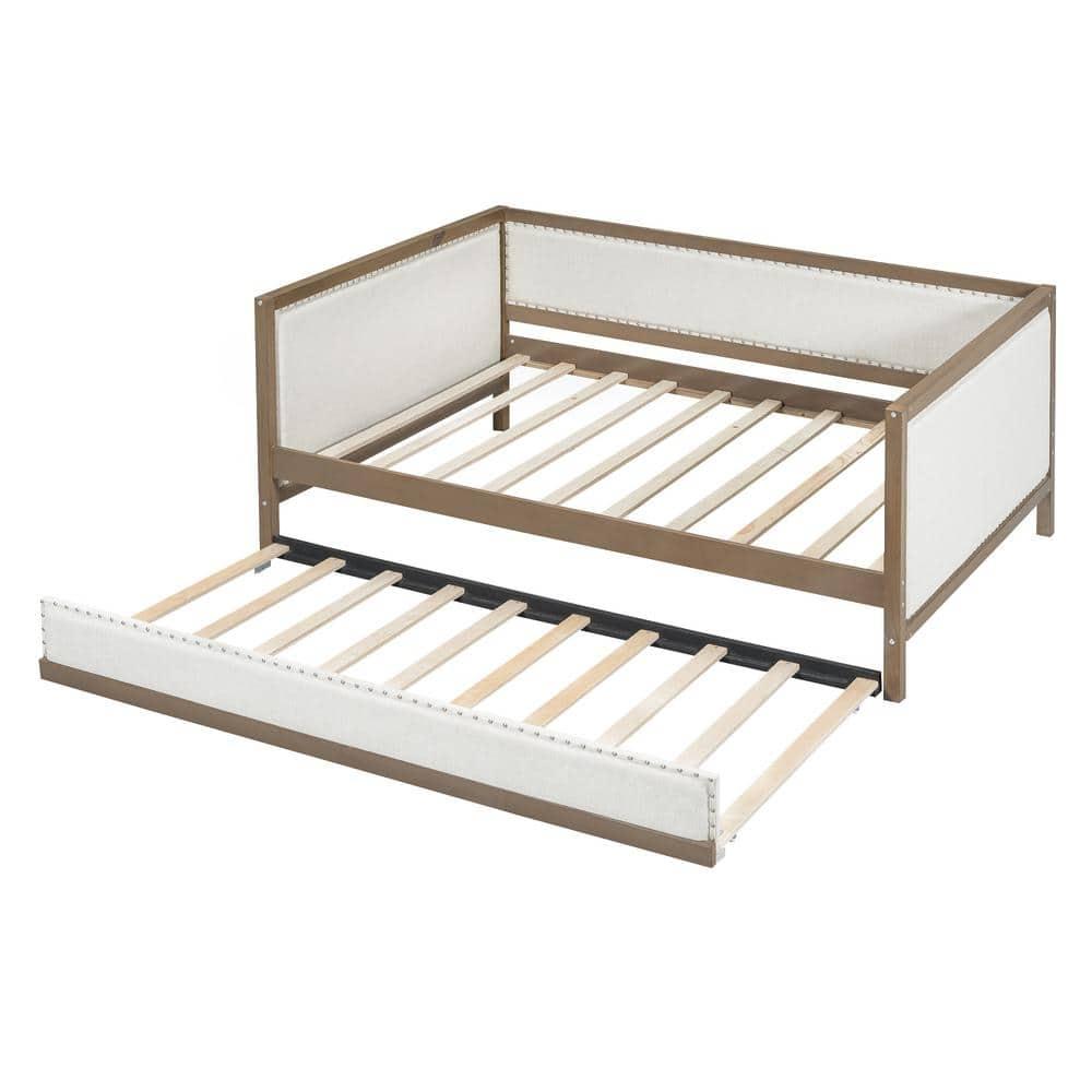 Full Size Beige Linen Upholstered Daybed with Trundle and Nailhead Trim