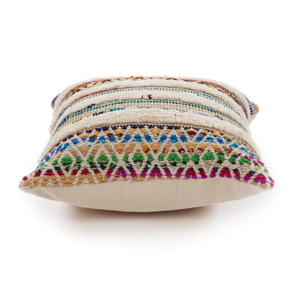 Evette Rios Dahlia Bohemian Multicolor Chevron Striped Chindi Handmade Pillow