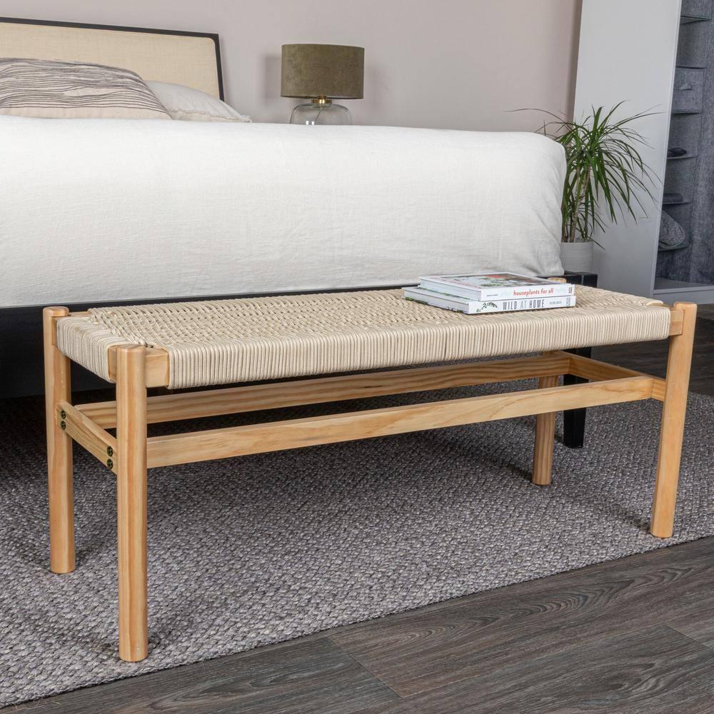 Storied Home Fernway Solid Wood and Woven Rope Entryway Bench Cream: Scandinavian Design, Pine Frame, 43.25" Long