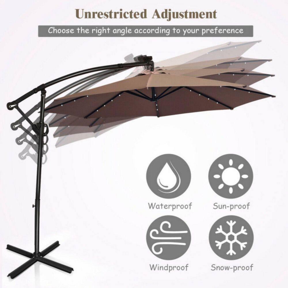 GVN 10 ft 360° Rotation Solar Powered LED Patio Offset Umbrella without Weight Base-Tan, Patio Offset Umbrella with Easy Tilt Adjustment, Cantilever Patio Umbrellas, Sunshade Umbrella Canopy