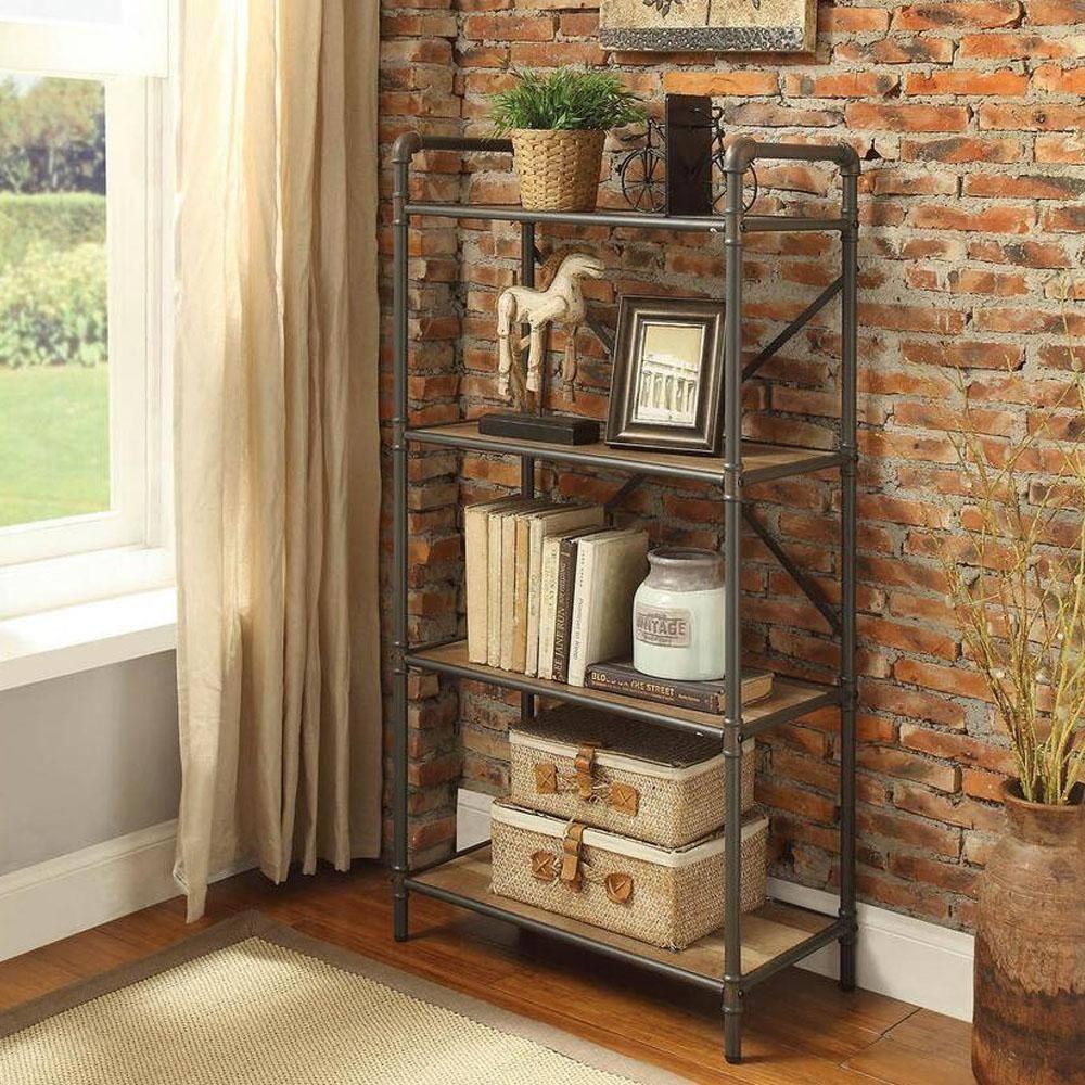 48" Itzel 4 Shelves Bookcase Antique Oak/Sandy Gray - Acme Furniture: Metal Frame, Open Back Design, Home Office Storage