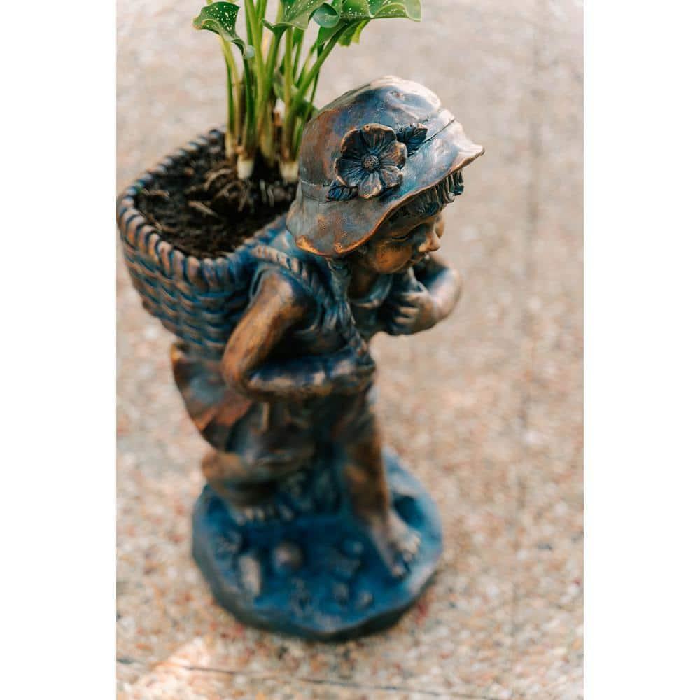 24in.H Faux Bronze Magnesium Oxide Walking Girl Garden Statue w/Small Flower PlantPot, Outdoor, Natural Design Sculpture