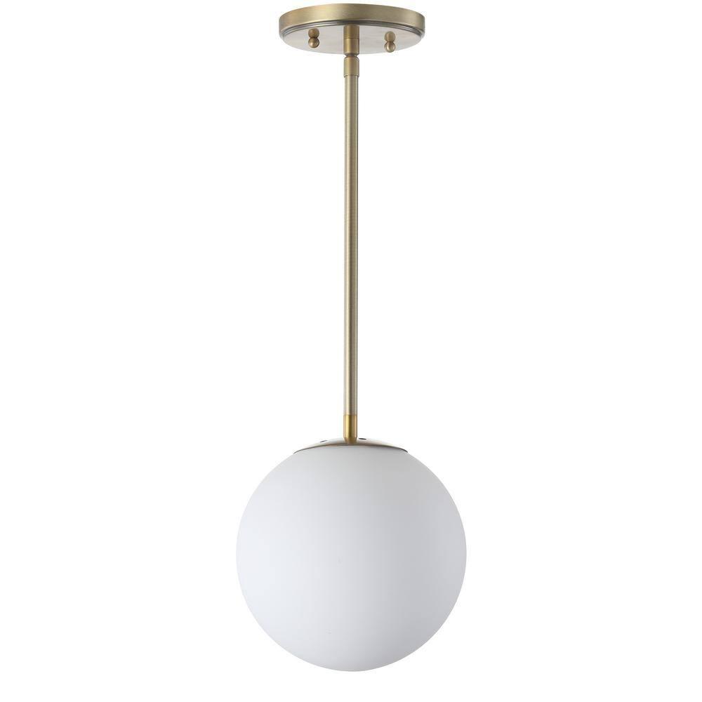 Bleecker 7.75" Metal/Glass Globe LED Pendant, White/Brass