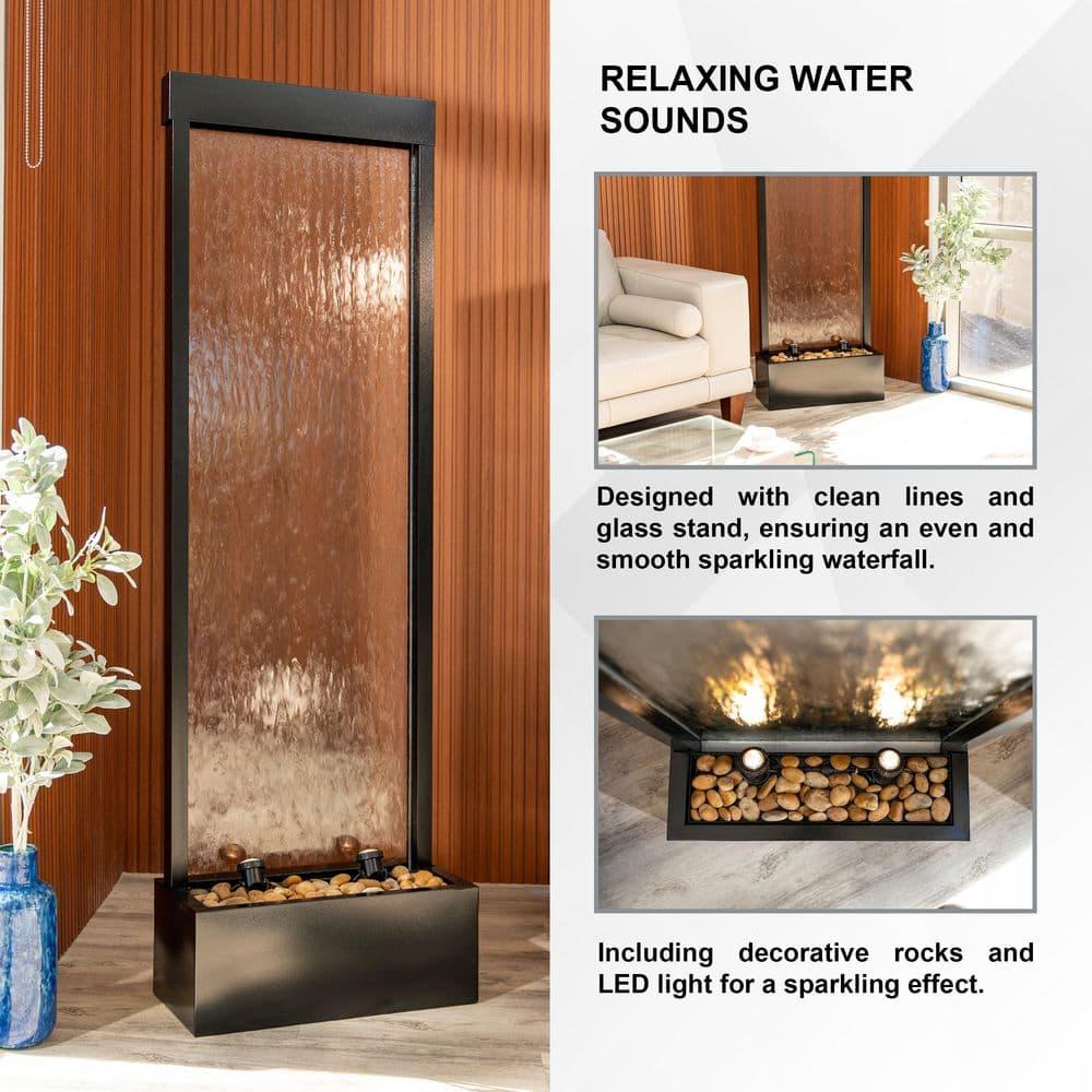 XBrand 68" H Freestanding Modern Indoor/Outdoor Waterfall Fountain w/ Decorative Rocks, LED Lights & Auto-Shut Off Pump, Aluminum/Clear Glass, Black