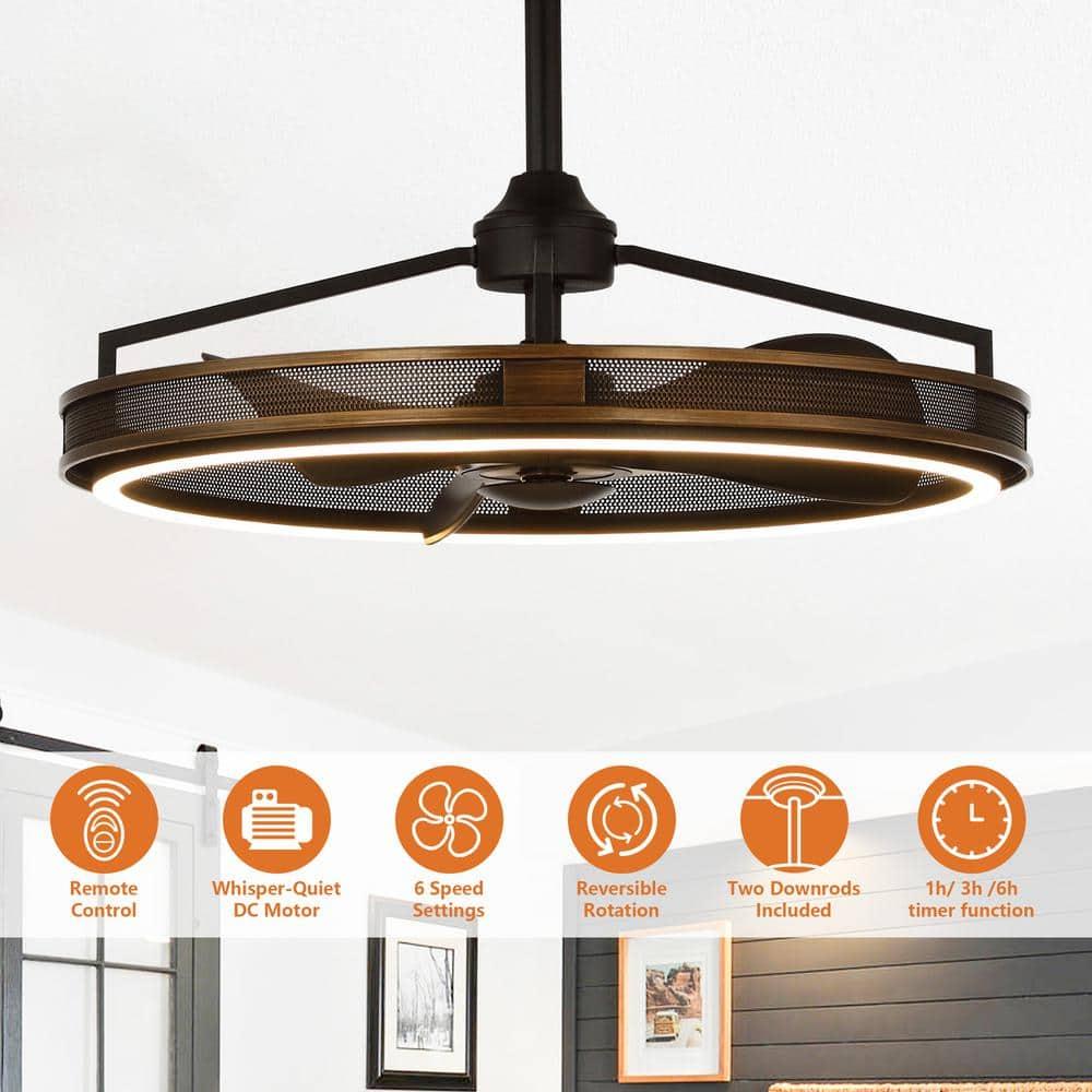 27-inch Industrial Bronze Mesh Caged Bladeless Ceiling Fan with LED Light and Remote