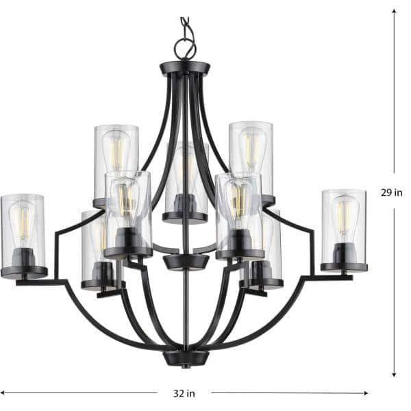 Progress Lighting, Lassiter Collection, 9-Light Chandelier, Matte Black, Clear Glass Shades