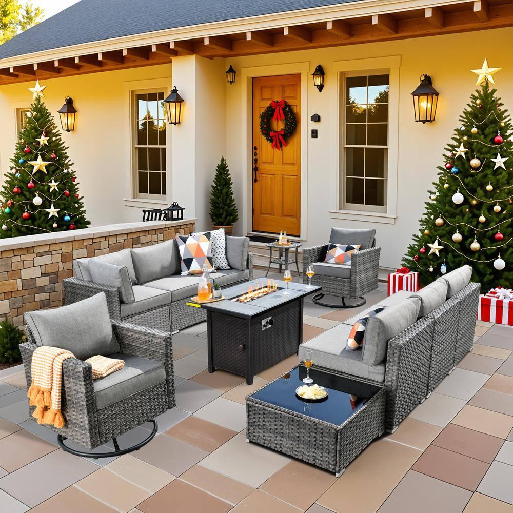 Ovios Venice 11pc Wicker Outdoor Patio Furniture Set Conversation Sofa with a Metal Fire Pit Swivel Chairs and Dark Gray Cushions