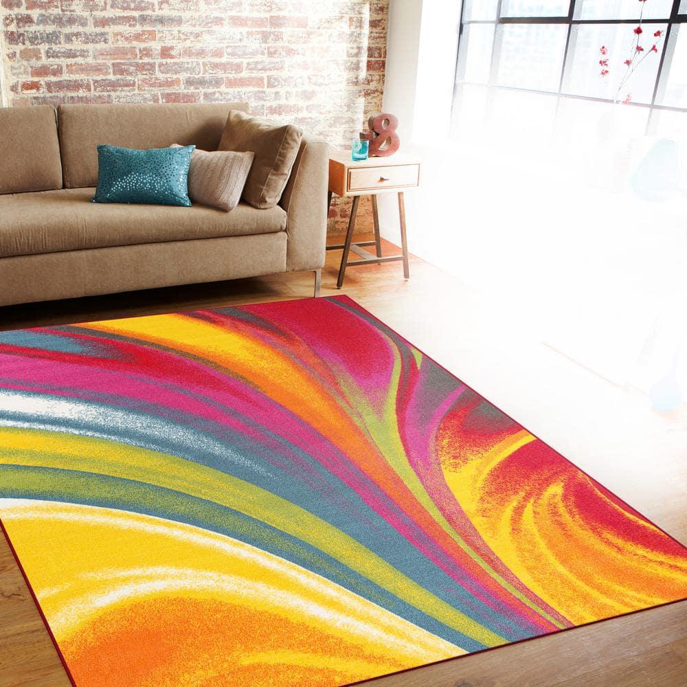 World Rug Gallery Modern Contemporary Waves Multicolored Non-slip (Non-skid) Area Rug - Multi 3'3" x 5'