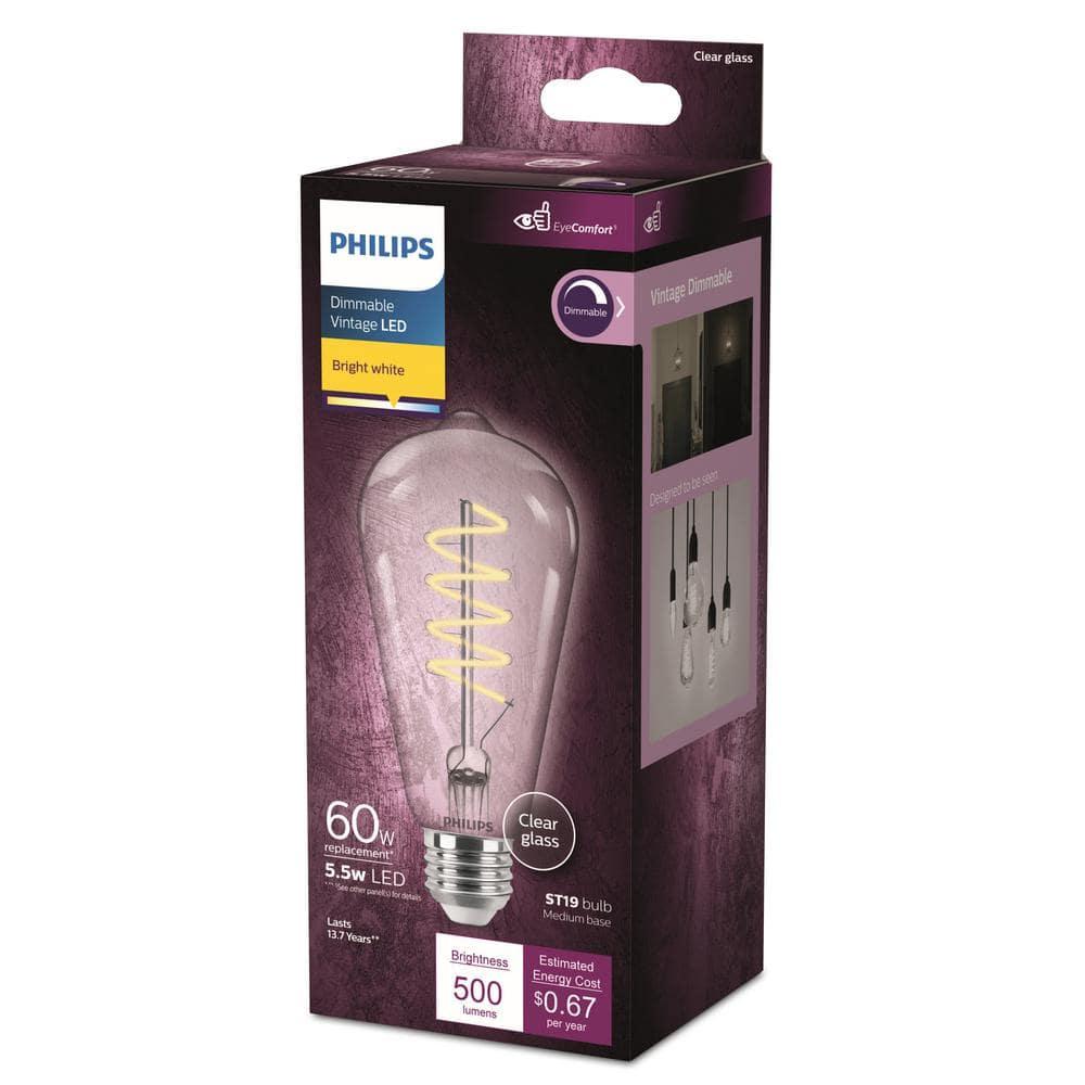 Philips LED 60-Watt ST19 Straight Tubular Filament Lightbulb, Clear Bright White, Dimmable, E26 Medium Base (1-Pack):