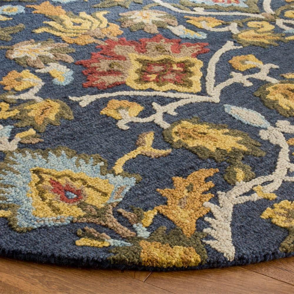 SAFAVIEH Blossom Lennon Floral Wool Area Rug, Navy/Multi, 9' x 9' Round