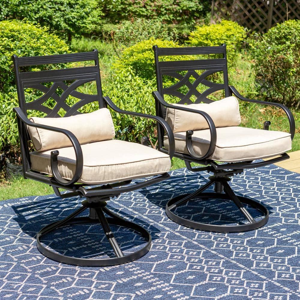 Summit Living 7-Piece Outdoor Patio Dining Set with 6 Swivel Cushioned Chairs & 1 Metal Steel Table, Black & Beige