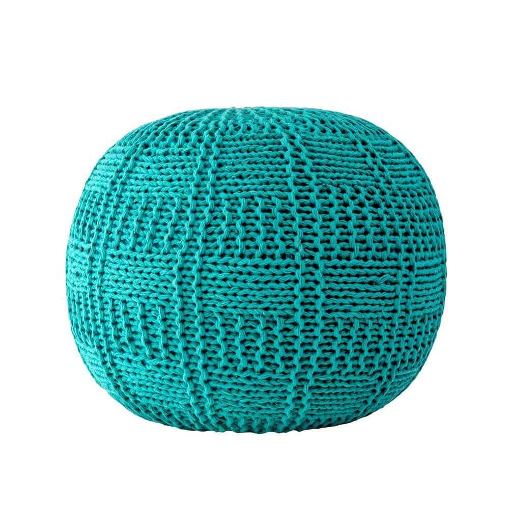 Teal Knitted Cotton Round Pouf Ottoman