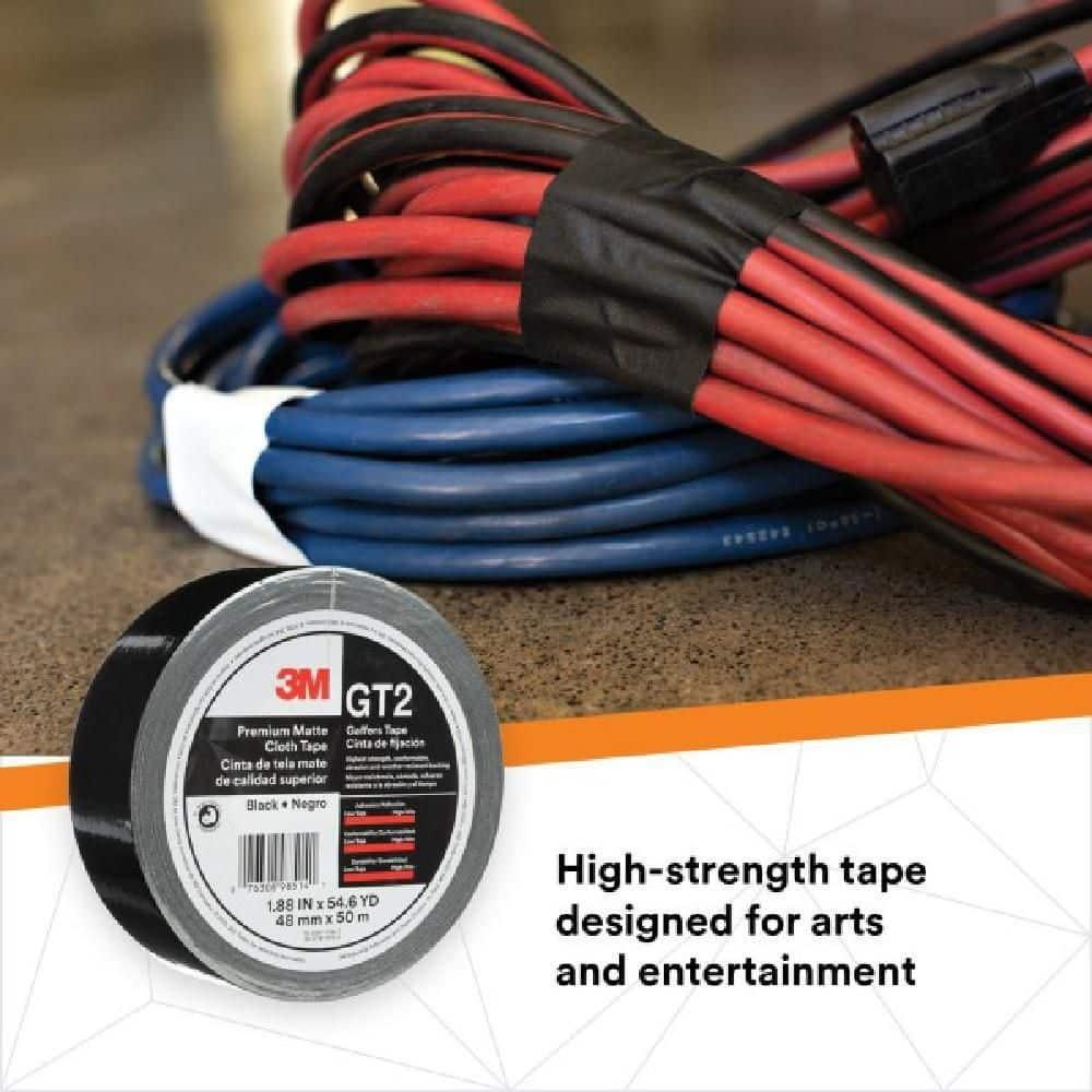 3M Premium Matte Cloth (Gaffers) Tape GT2, High-Strength, Indoor/Outdoor Use, Black, 48 mm x 50 m, 11 mil, 1 Roll, 98514