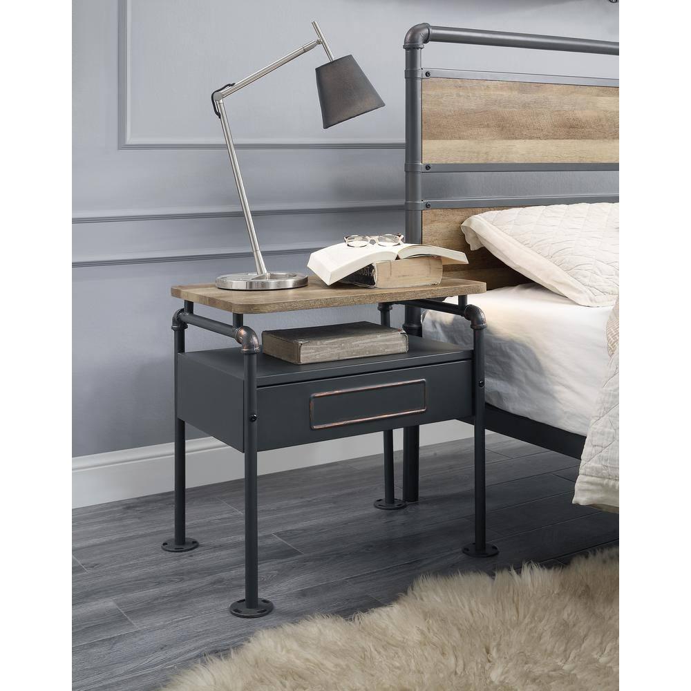 Industrial Pipe Detailed Nightstand With One Drawer And One Shelf, Antique Oak and Sandy Grey- Saltoro Sherpi