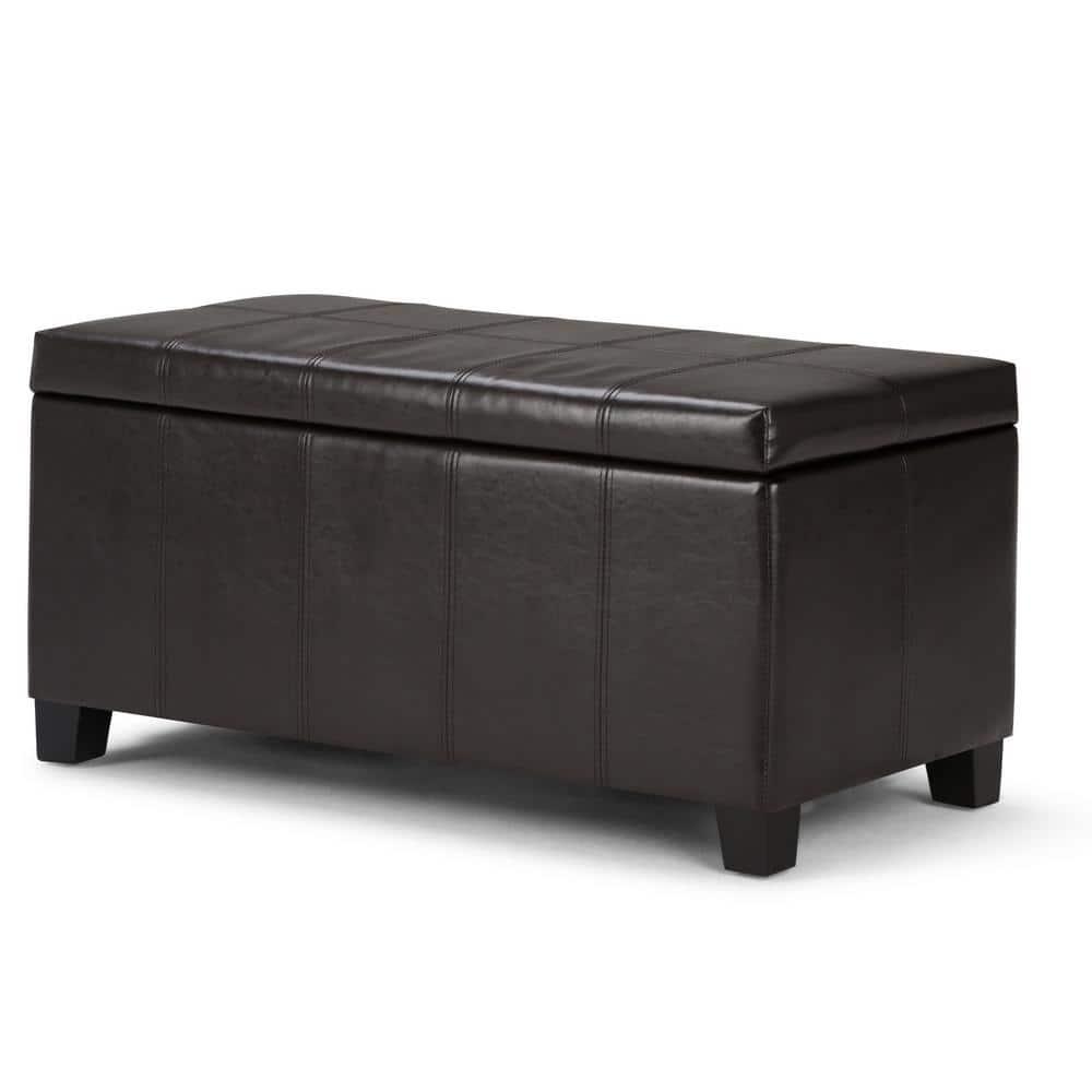 Simpli Home Dover Faux Leather Storage Bench in Tanners Brown