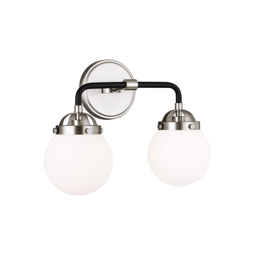 Cafe 14 in. W 2-Light Brushed Nickel Vanity Light with Etched/White Glass Shades and Matte Black Frame Accents