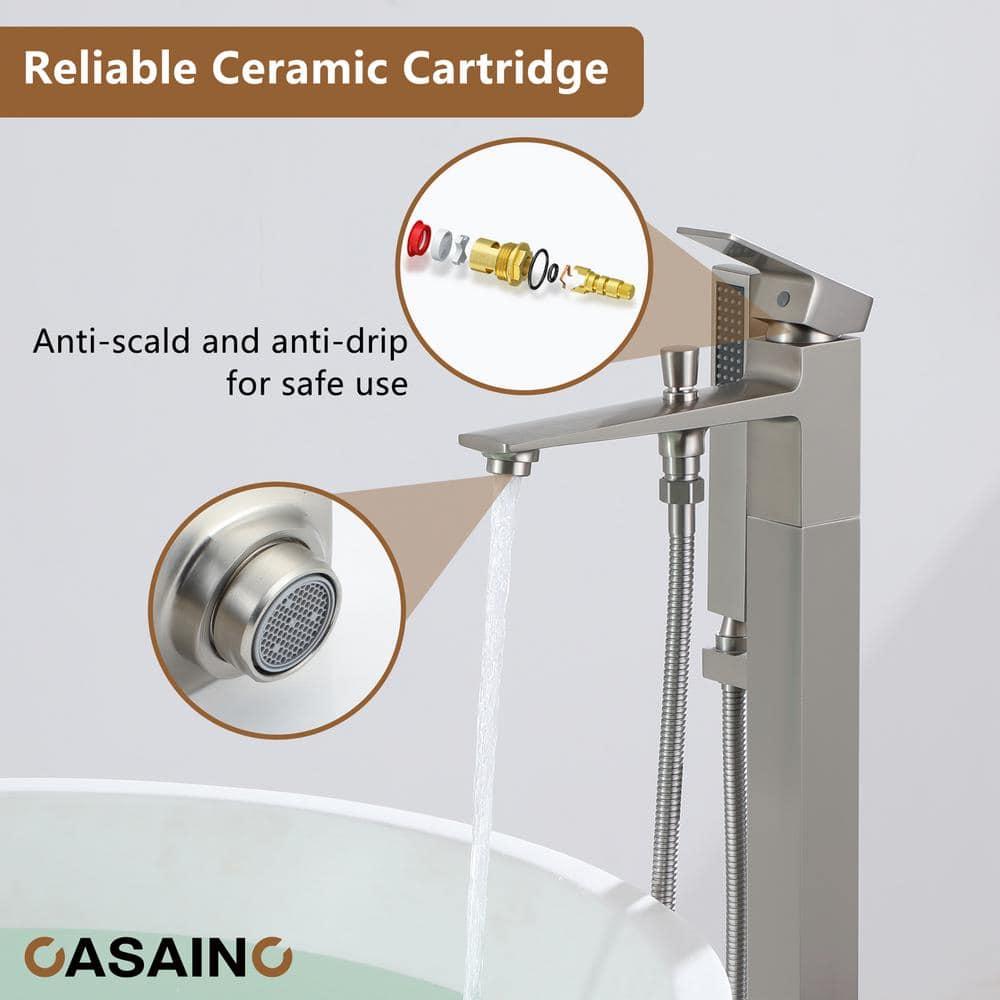 1-Handle Floor Mount Freestanding Tub Faucet with Handheld Shower in Brushed Nickel