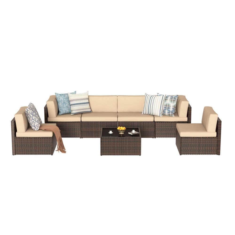 U-MAX 7 Piece Outdoor Patio Furniture Set, PE Rattan Wicker Sofa Set, Outdoor Sectional Furniture Chair Set with Cushions and Tea Table, Brown