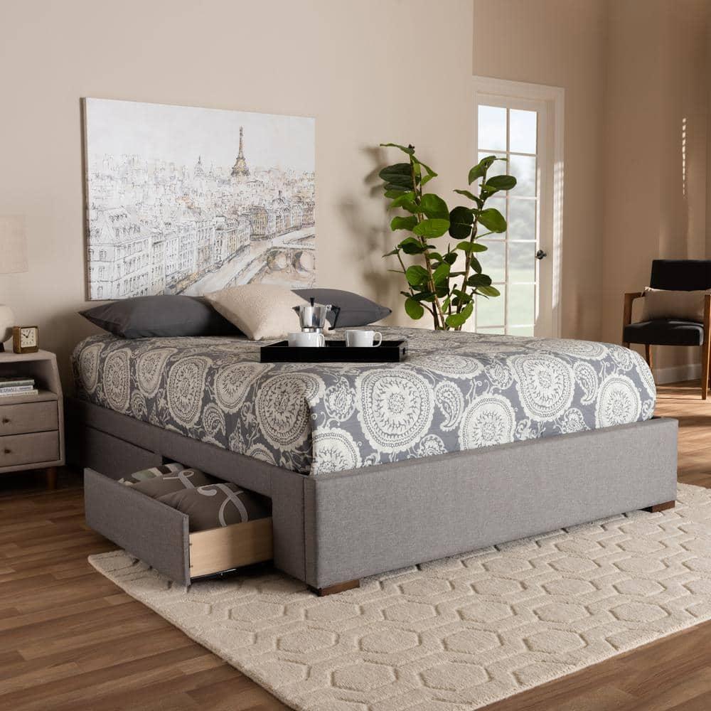 King Leni Bed Frame Gray - Baxton Studio: Storage Drawers, Polyester Upholstery, Foam Padded, Wood Block Feet