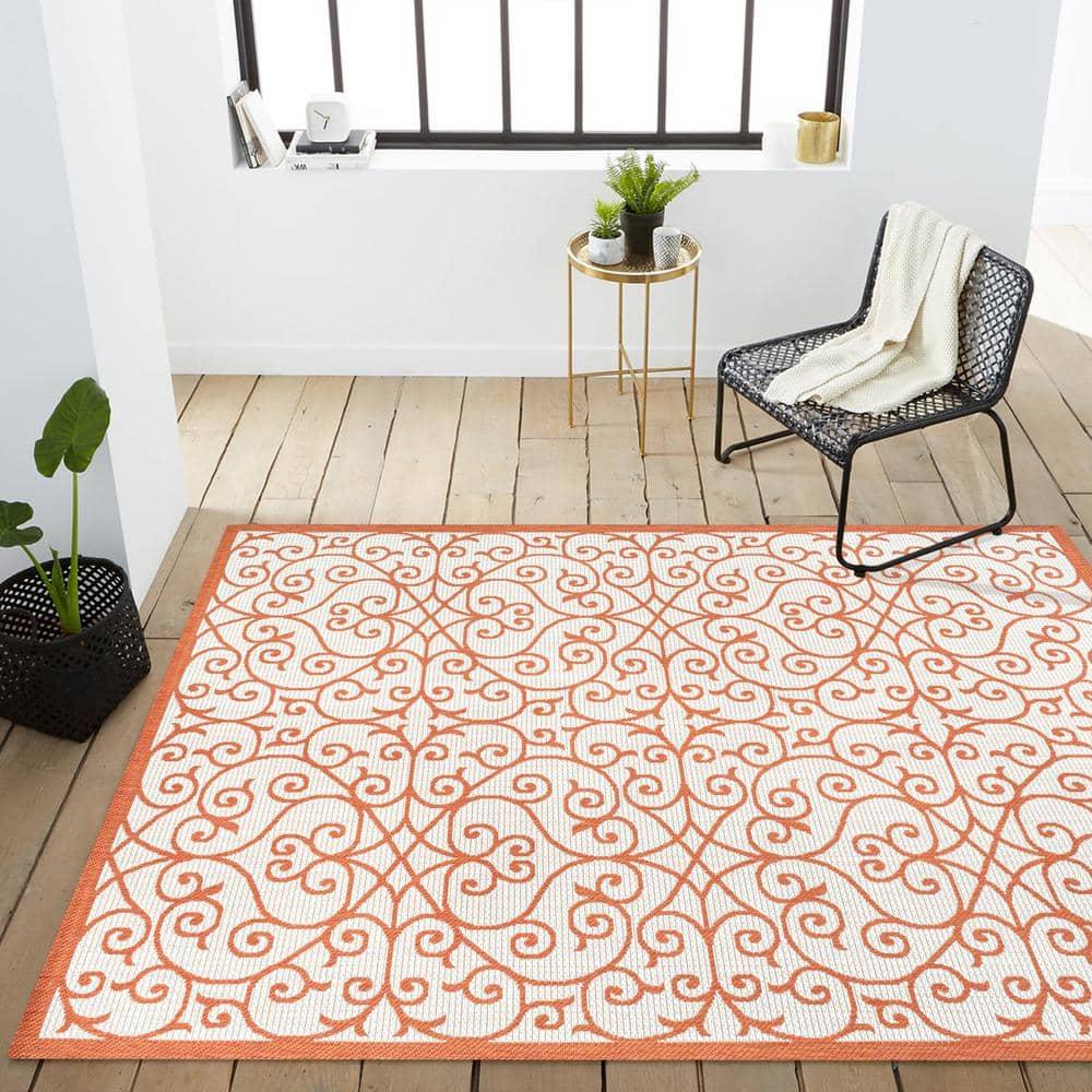 4' x 6' Madrid Vintage Filigree Textured Weave Indoor/Outdoor Area Rug, Cream/Orange - JONATHAN Y