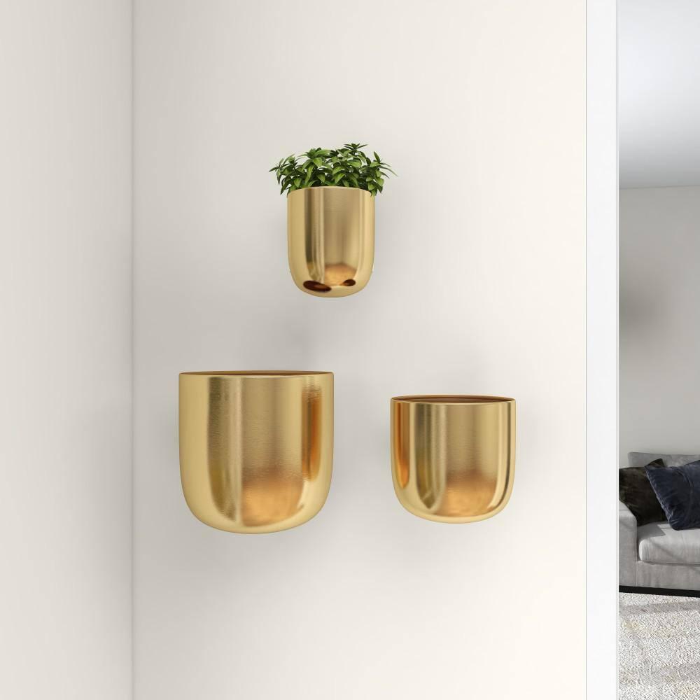DecMode 9", 7", 6"H Round Gold Metal Indoor Outdoor Floating Wall Planter (3 Count)
