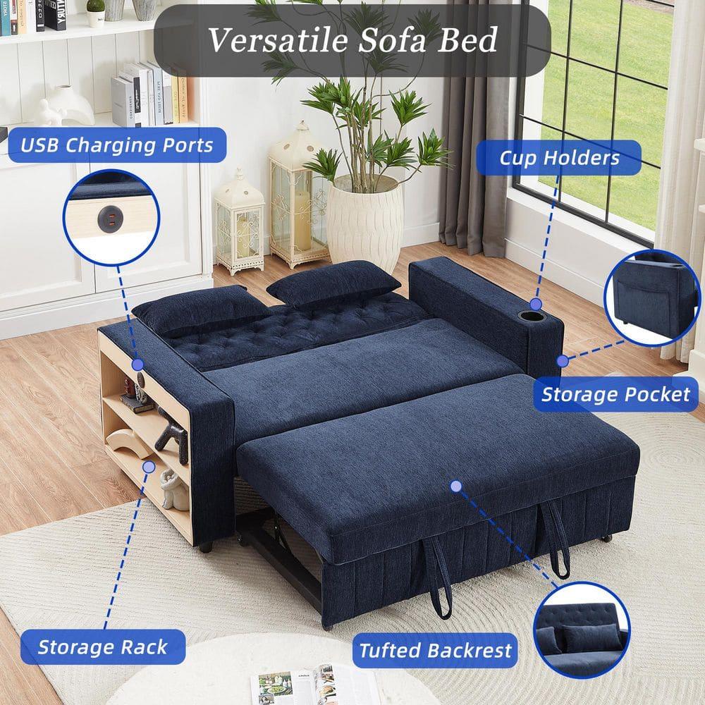 Blue Chenille Tufted Twin Sleeper Sofa with Cup Holder