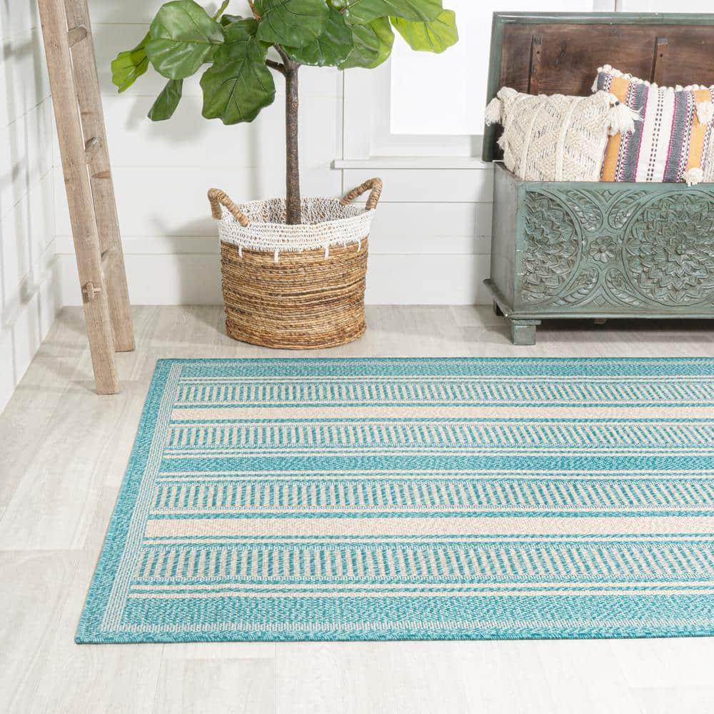 3' x 5' Haynes Modern Double Stripe Indoor/Outdoor Area Rug, Aqua/Beige - JONATHAN Y