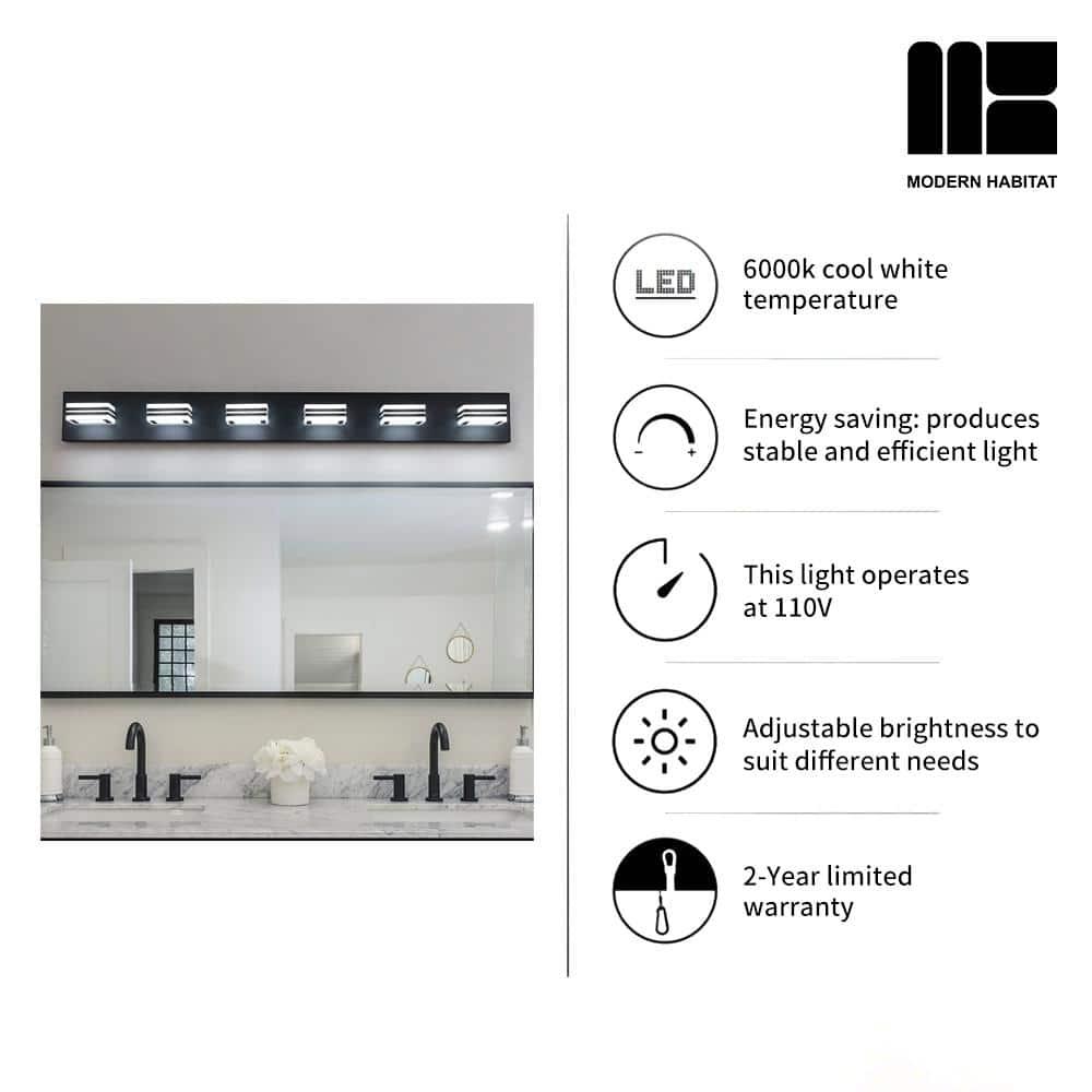 GlamourGaze 39 in. 6-Light Acrylic Black LED Vanity Light with Bathroom