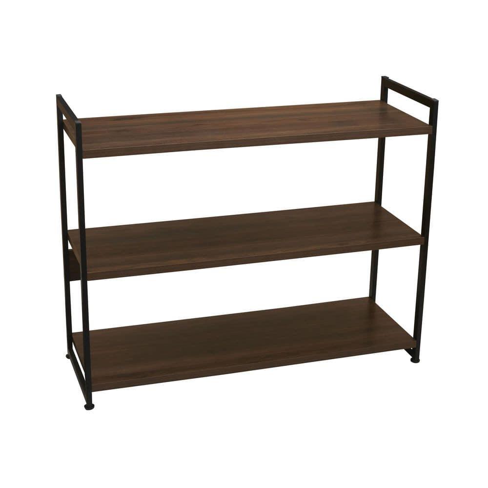 Household Essentials 32.5" Jamestown Wide 3 Shelf Bookshelf Walnut: Faux Wood, Iron Frame, Low Profile