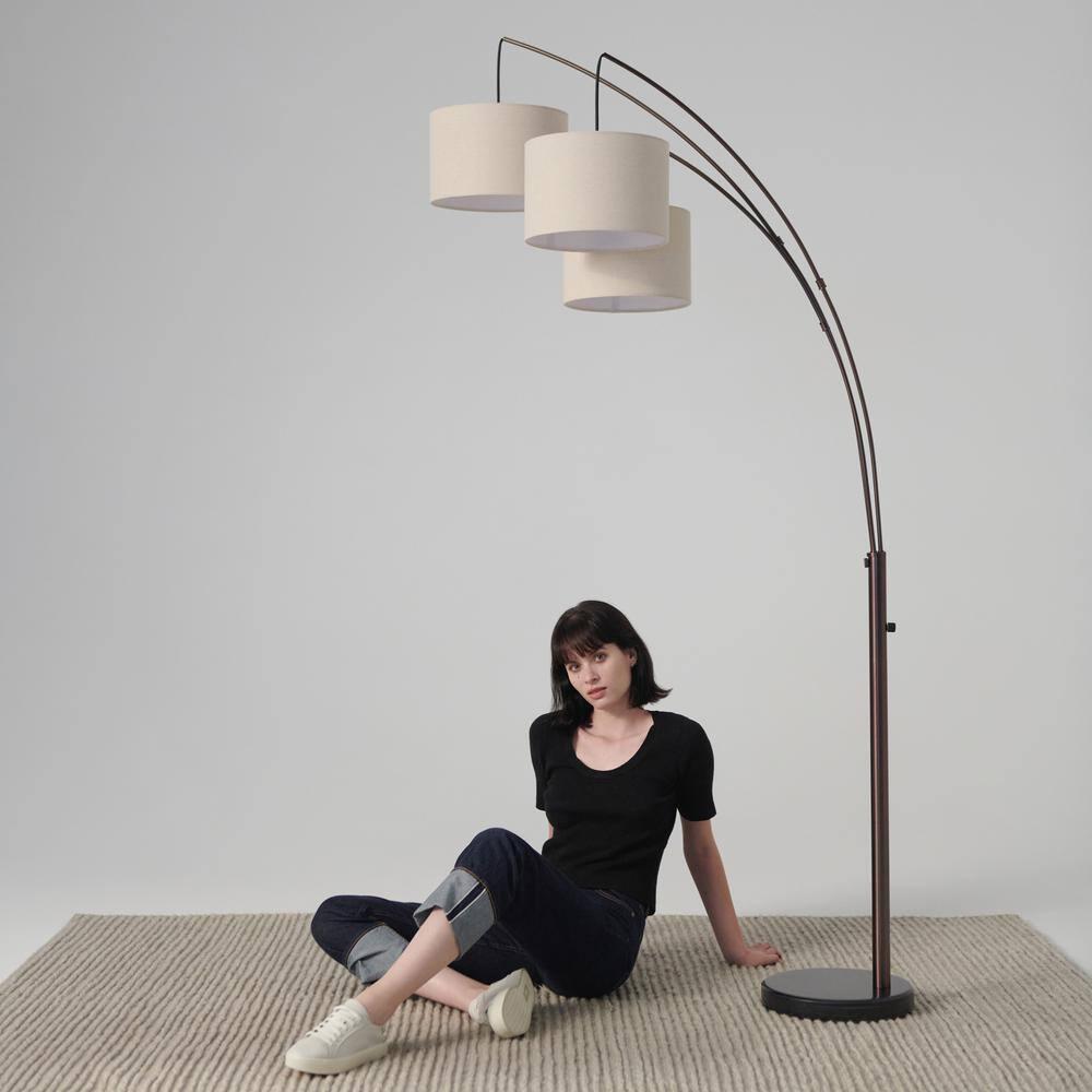 Brightech Trilage 84 in. Mid-Century Modern 3-Light Adjustable LED Arched Standing Floor Lamp with 3 Fabric Drum Shades