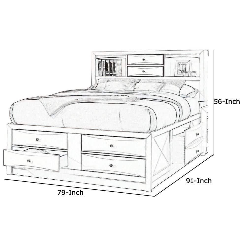 8 Drawer Eastern King Bed with Bookcase Headboard and Round Knobs  White