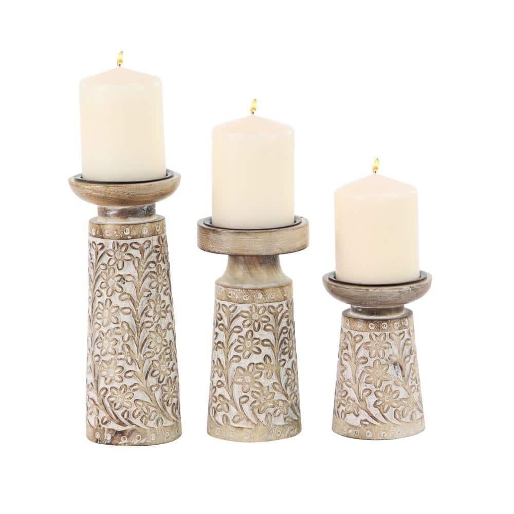 Gracie Oaks Mango Wood Floral Handmade Decorative Candle Holder Carved Pillar Candle Stand With Cream Accents, Set Of 3 Candlestick Holder 6", 8", 10"H, Brown