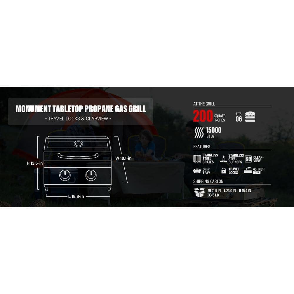 Monument Grills 13742,2-Burner Portable Stainless Steel Tabletop Propane Gas Grill with High Lid and Travel Locks, 15,000 BTU – Perfect for Family BBQs