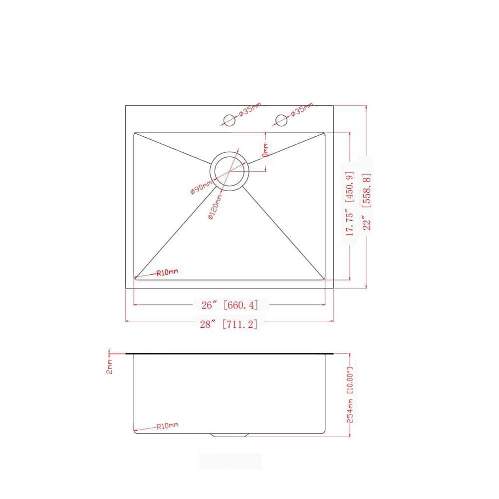 28" Brushed Stainless Steel Single Bowl Drop-In Kitchen Sink
