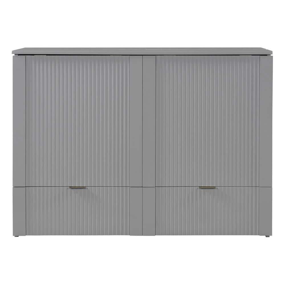 Gray Wood Frame Full Size Murphy Bed with A Spacious Drawer, USB Ports and Sockets, Pulley Structure Design