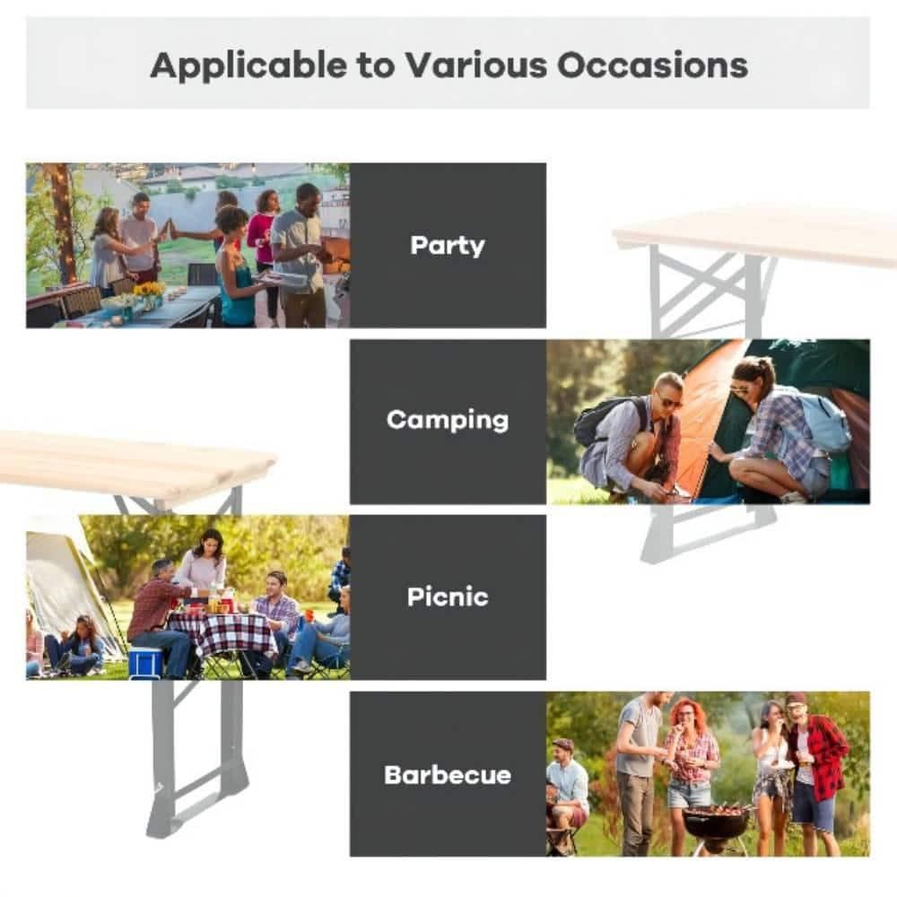 Costway 66.5" Outdoor Folding Wood Picnic Table Height Adjustable Metal Frame