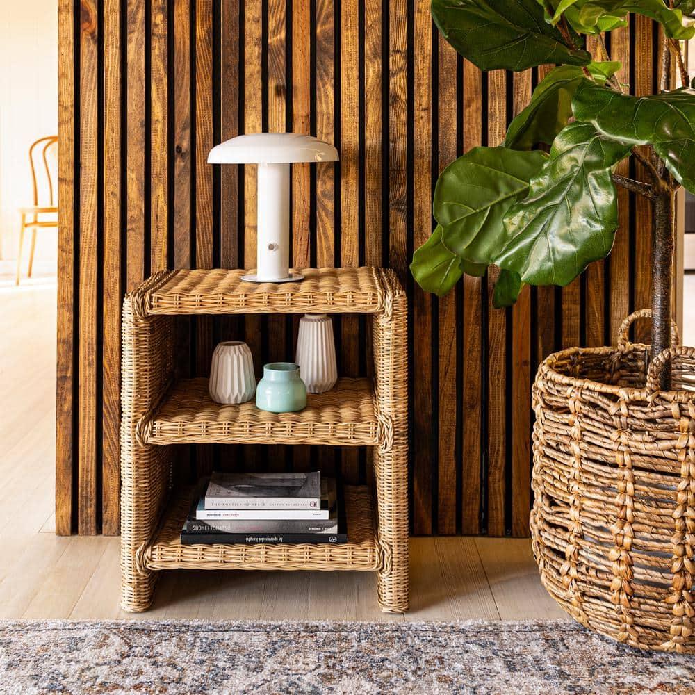 JONATHAN Y Praerie 22" Coastal Bohemian Rattan/Wood 3 Tier End Table, Natural