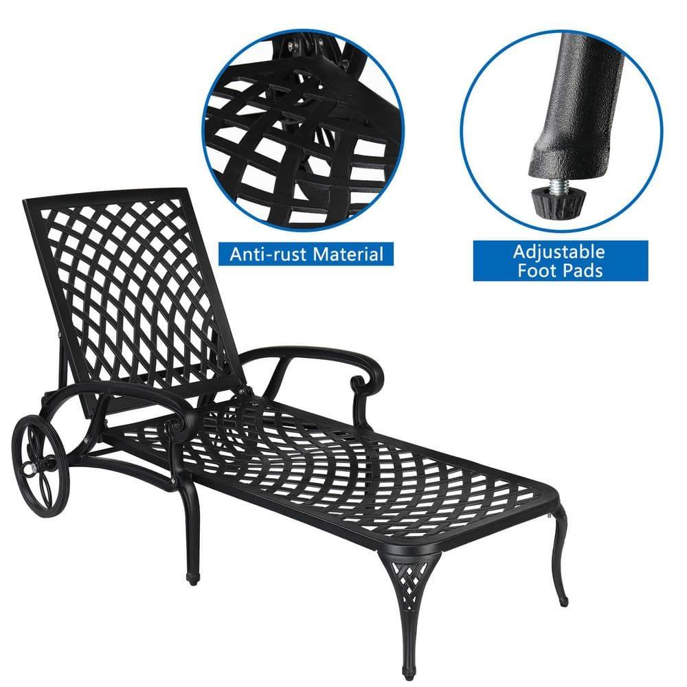 VINGLI Cast Aluminum Outdoor Chaise Lounge Chair with Wheels, Patio Chaise Lounge with 3-Position Adjustable Backrest, Outdoor Tanning Chair Patio Lounge Chair (Black, Without Cushion)